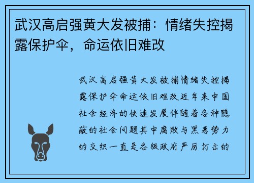 武汉高启强黄大发被捕：情绪失控揭露保护伞，命运依旧难改