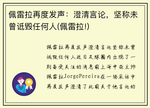 佩雷拉再度发声：澄清言论，坚称未曾诋毁任何人(佩雷拉!)