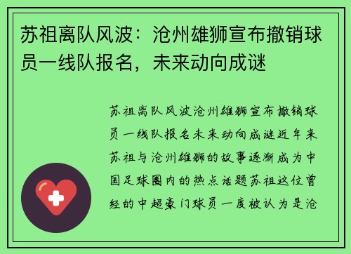 苏祖离队风波：沧州雄狮宣布撤销球员一线队报名，未来动向成谜