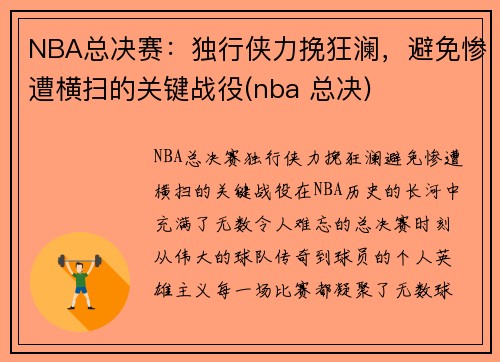 NBA总决赛：独行侠力挽狂澜，避免惨遭横扫的关键战役(nba 总决)