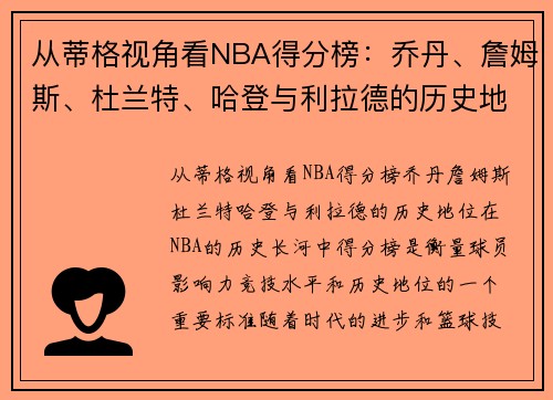 从蒂格视角看NBA得分榜：乔丹、詹姆斯、杜兰特、哈登与利拉德的历史地位如何？